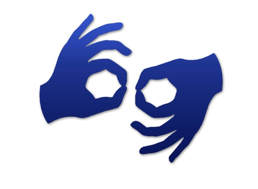 Logo języka migowego - granatowe dłonie na białym tle